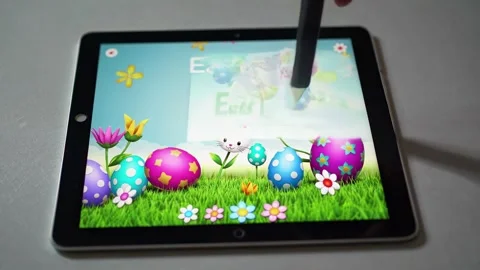 Interactive Easter egg hunt on tablet with colorful graphics and animation Stock Footage 296193247