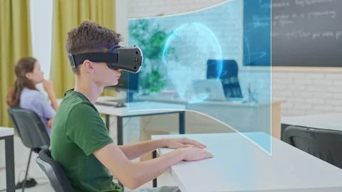 Interactive Education: Student Using VR for Global Studies Stock Photos