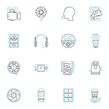 Interactive games linear icons set. Fun, Exciting, Engaging, Challenging Stock Illustration