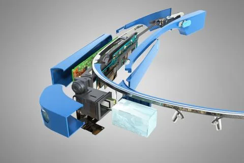 Interactive glasses Disassemble in parts 3d render on grey background 스톡 일러스트