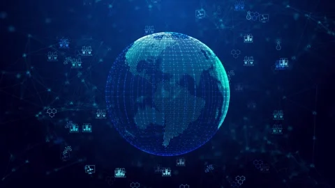Interactive globe showing global health data, flat, medical research lab Stock Footage 314197451