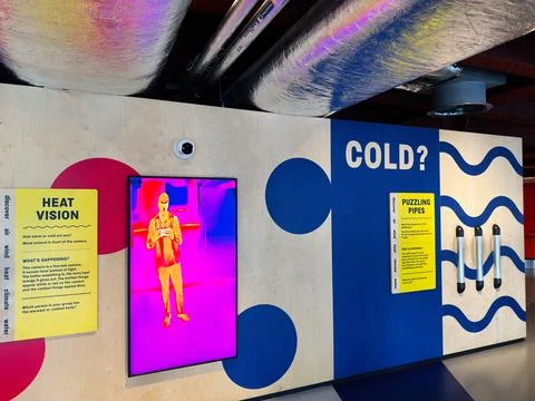 Interactive heat vision exhibit with thermal camera display and puzzling pi.. Stock Photos
