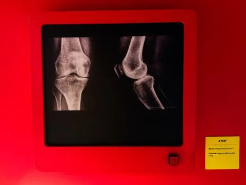 Interactive knee x ray display on red panel at a medical exhibit in Manches.. Stock Photos