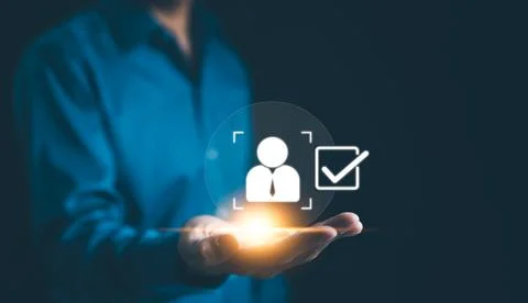 Interactive KYC compliance interface with the user. Businessman holding a d.. Stock Photos