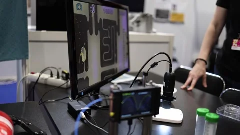 Interactive lab setup with touchscreen device displaying wave graph connected to Stock Footage 311130813