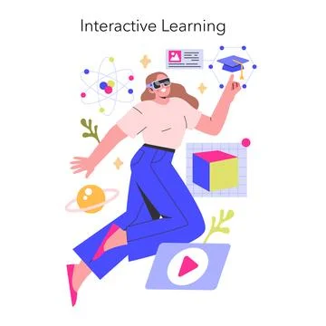 Interactive Learning concept An animated student uses virtual reality to Stock Illustration