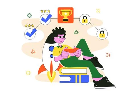 Interactive Learning Gamification Vector Illustration Featuring LMS Interfa.. Illustrazione stock