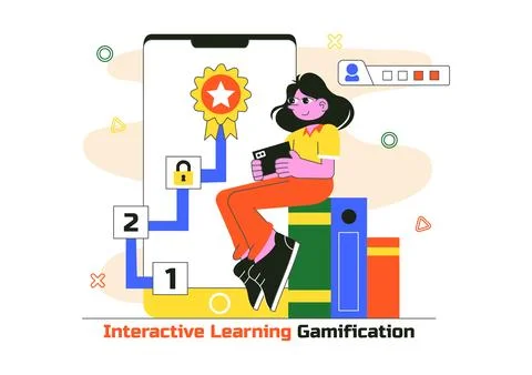 Interactive Learning Gamification Vector Illustration Featuring LMS Interfa.. Illustrazione stock