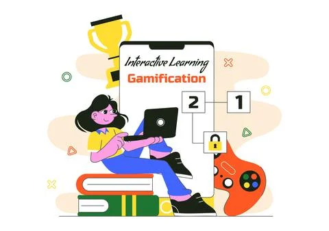 Interactive Learning Gamification Vector Illustration Featuring LMS Interfa.. Stock Illustration