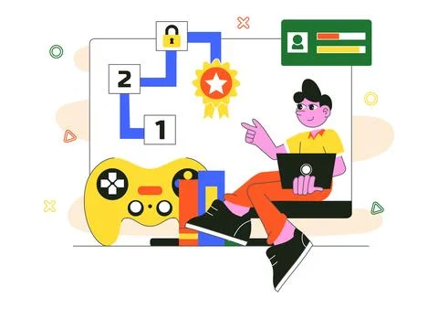 Interactive Learning Gamification Vector Illustration Featuring LMS Interfa.. Illustrazione stock