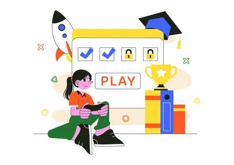 Interactive Learning Gamification Vector Illustration Featuring LMS Interfa.. Illustrazione stock