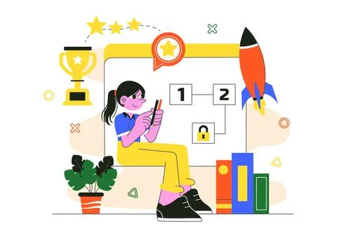 Interactive Learning Gamification Vector Illustration Featuring LMS Interfa.. Illustrazione stock