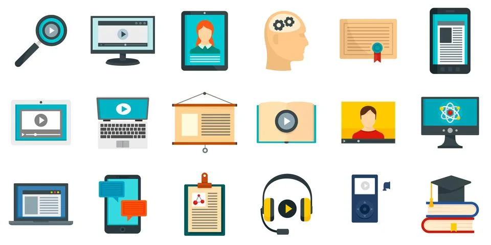 Interactive learning icons set, flat style Stock Illustration