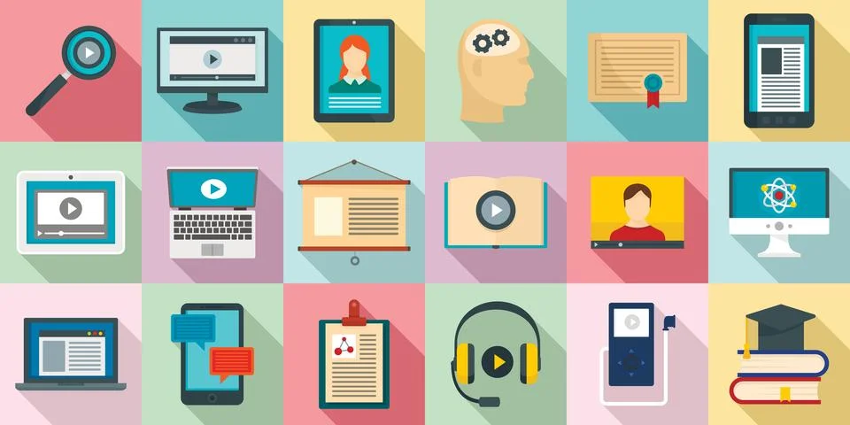 Interactive learning icons set, flat style Illustrazione stock