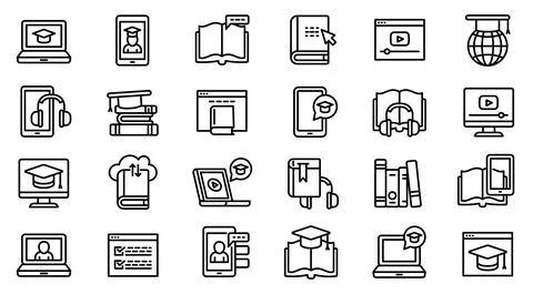 Interactive learning icons set, outline style 스톡 일러스트