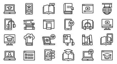 Interactive learning icons set, outline style 스톡 일러스트