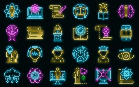 Interactive learning icons set vector neon Illustrazione stock