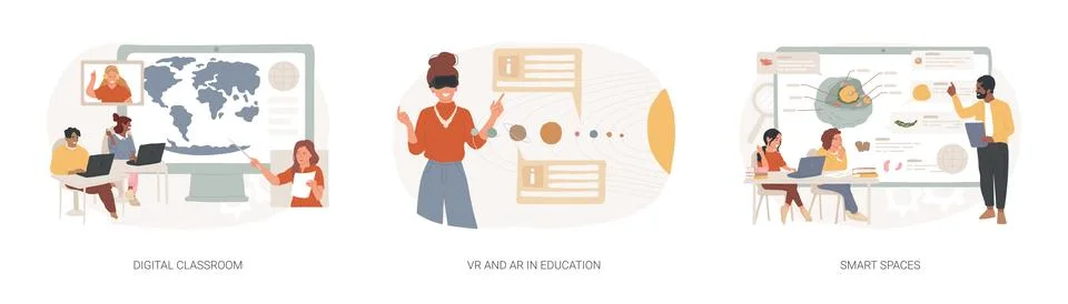 Interactive learning isolated concept vector illustration set. Illustrazione stock