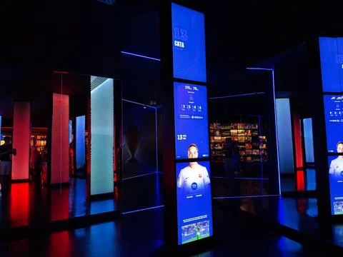 Interactive LED exhibition and mirrored corridors at FC Barcelona museum sh.. Stock Photos