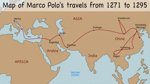 Interactive map of Marco Polo's travels from 1271 to 1295 Stock Footage 232279060