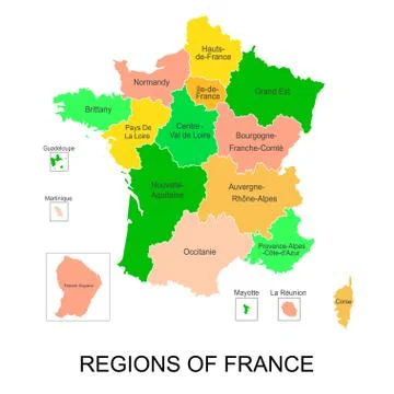 Interactive map of metropolitans French regions with 5 overseas regions Stock Illustration