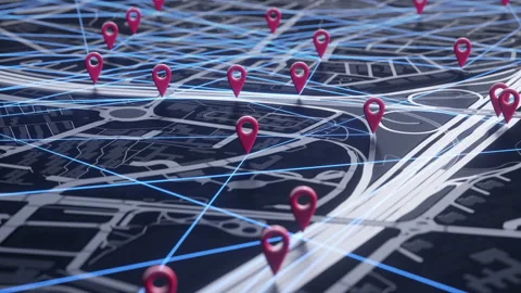 Interactive map with triangulated moving markers. 3D animation. Vídeos de archivo 336387023