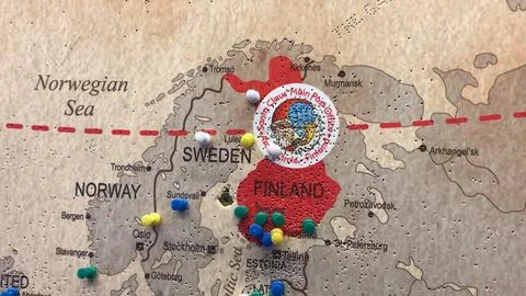 Interactive Map with Visitor Pins at Santa Claus Main Post Office in Finland 스톡 사진