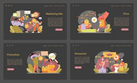 Interactive Marketing Mix web panels. Engaging visuals for Product, Price Stock Illustration