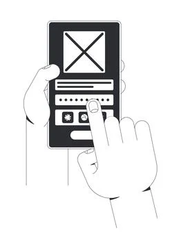 Interactive mobile app prototype testing black and white cartoon clipart Stock Illustration