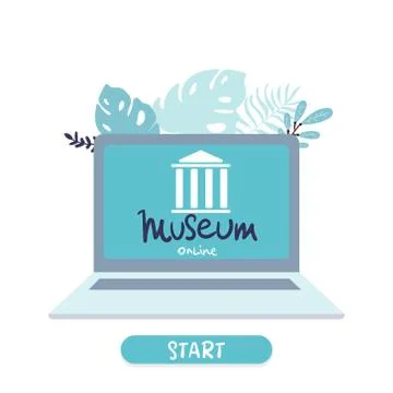 Interactive museum exhibition. laptop . Virtual Museum and Art Gallery Tours  Stock Illustration