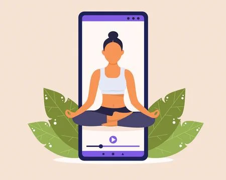 Interactive online yoga classes with personal coach on screen of mobile phone Stock Illustration