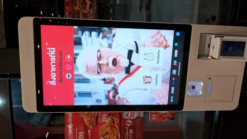 Interactive Ordering KFC Kiosk Displaying Menu Options with Animated Characters Stock Footage 337784455