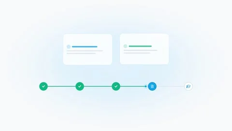 Interactive progress timeline with checkmarks and data cards. 4K Video stock 342898443