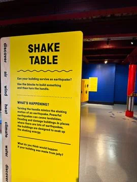 Interactive shake table exhibit demonstrating earthquake effects at a hands.. Stock Photos
