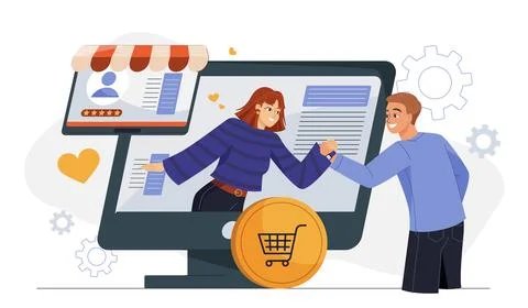 Interactive shop engagement concept. Man and woman shake hands through computer Illustrazione stock