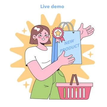 Interactive Showcase. Excited customer holding a 'New Product' bag, representing Stock Illustration