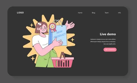 Interactive Showcase web or landing. Excited customer holding a 'New Product' Stock Illustration