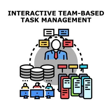 Interactive team managing digital tasks project workflow Illustrazione stock