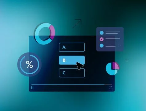 Interactive video quiz interface with multiple-choice responses and real-time Stock Illustration