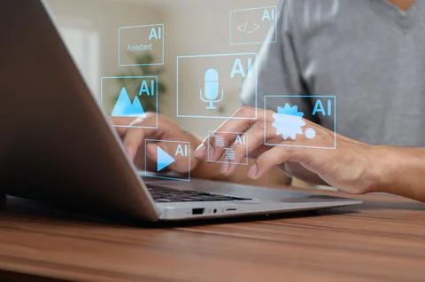 Interactive Virtual Assistant Concept with AI on Digital Screen Stockfoto's