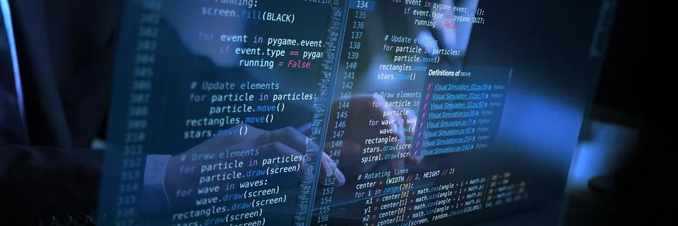 Interactive virtual coding workspace displaying fictional code, blending human Stock Photos