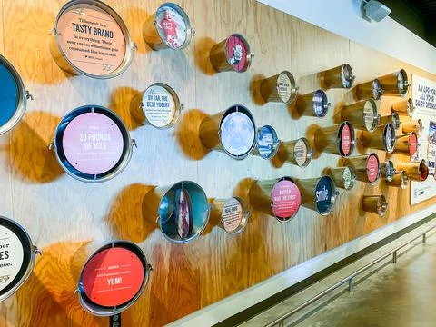 Interactive wall display featuring metal buckets with facts and quotes at a.. Stock-Fotos