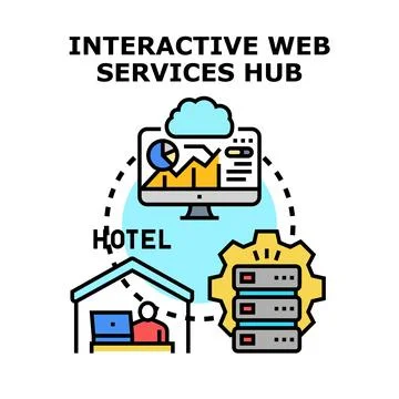 Interactive web services hub connecting hotel operations Stock Illustration