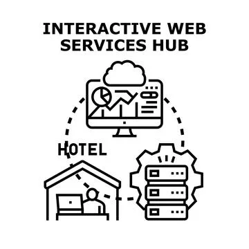 Interactive web services hub connecting hotel operations Stock Illustration
