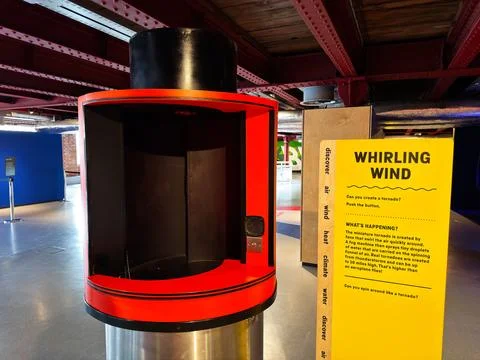 Interactive whirling wind exhibit and tornado demonstration at science muse.. Stock Photos
