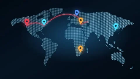 Interactive World Map with Colorful Location Pins Animated Dots and Arcs Global Stock Footage 344786275