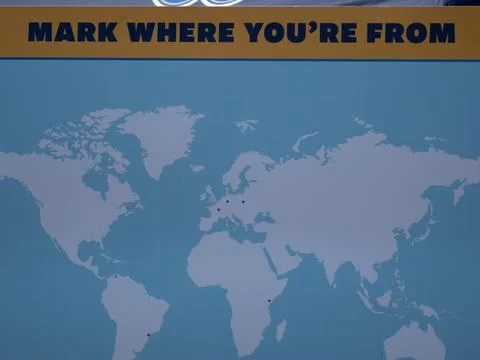 Interactive World Map Encouraging Visitors to Mark Their Origin Stock Photos