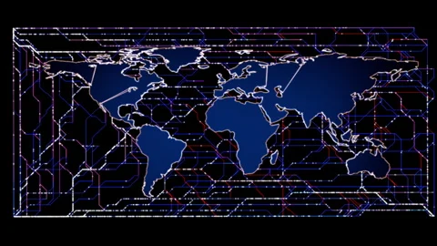 Interactive world map showcasing global connections with blue outlines Stock Footage 321959819
