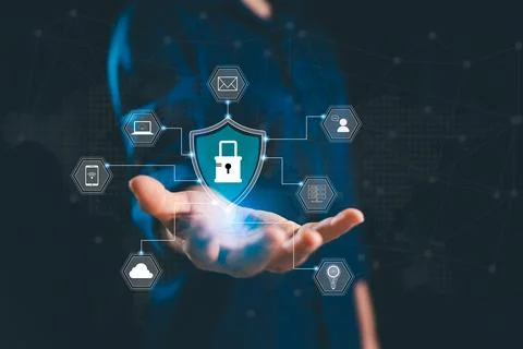 Interacts virtual interface featuring padlock icon, concept of data protect.. Foto stock