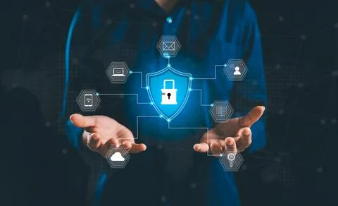 Interacts virtual interface featuring padlock icon, concept of data protect.. Foto stock